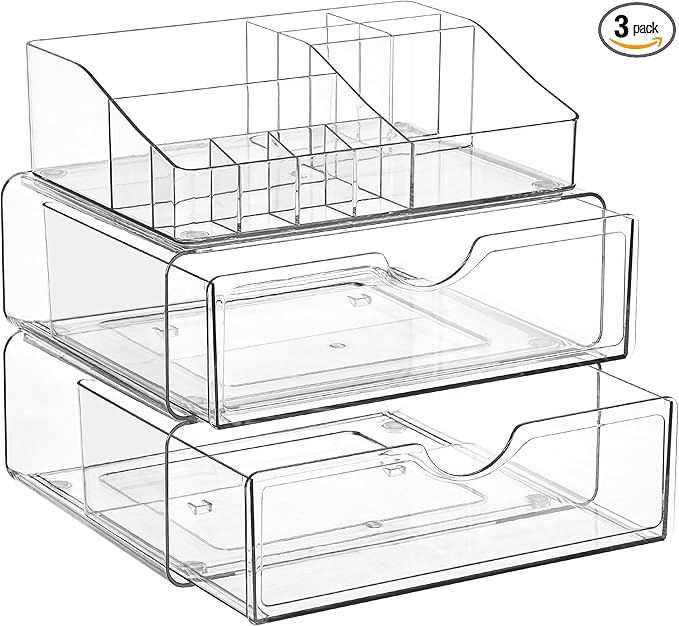 Vtopmart 3 Tier Clear Makeup Organizer with Drawer, Cosmetic Storage for Dresser Countertop and Bathroom Vanity, Beauty Holder for Lipstick Brush Skincare