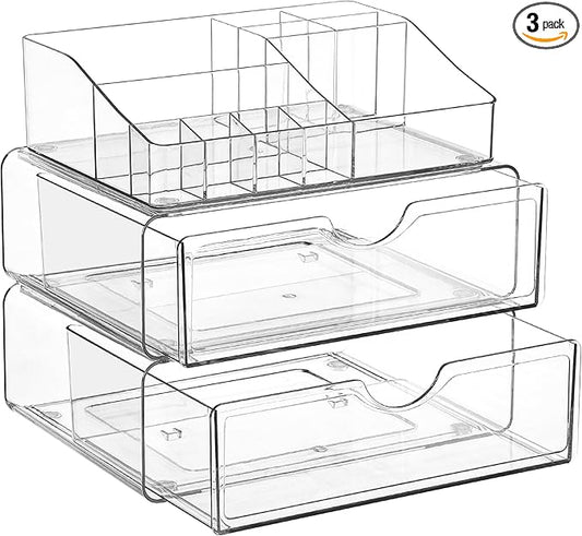 Vtopmart 3 Tier Clear Makeup Organizer with Drawer, Cosmetic Storage for Dresser Countertop and Bathroom Vanity, Beauty Holder for Lipstick Brush Skincare