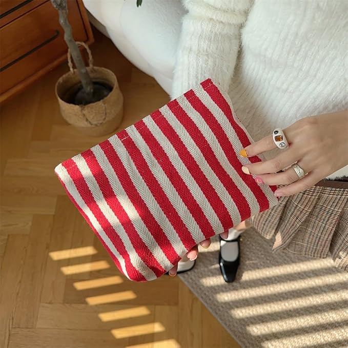 PAZIMIIK Makeup Bag Large Cotton Zipper Pouch for Purse Travel Canvas Make Up Organizer for Women Cosmetic,Stripe Red