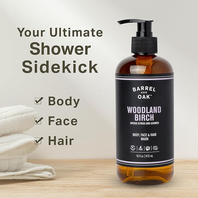 Barrel and Oak - All-In-One Body Wash, Men's Body Wash, Men's Soap for Hair, Face, & Body, Refreshing & Balanced Cleanser, Essential Oil-Based Scent, Vegan (Woodland Birch, 16 oz)