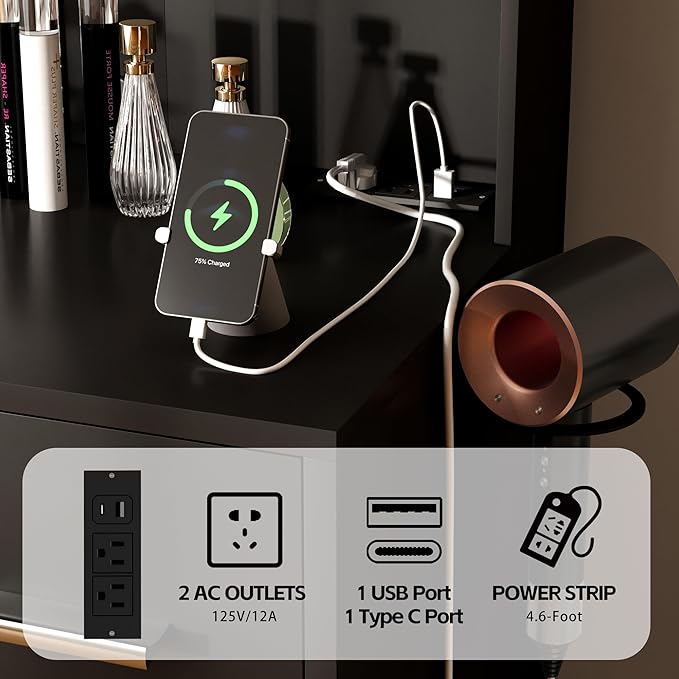 Furmax Vanity Desk with Mirror, LED Lights and Power Outlet Makeup Vanity Table with 7 Drawers and 6 Storage Shelves Dressing Table for Bedroom Dressing Room (Black)