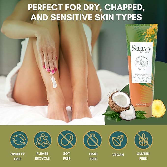 Saavy Naturals Body Cream Clean,Plant Based Ingredients - Made in USA, 2 Pack Tropical Coconut with Absorbent Shea Butter Vegan, Thick and Creamy, Naturally Scented Body Lotion for Dry Skin, 8.5 Oz.