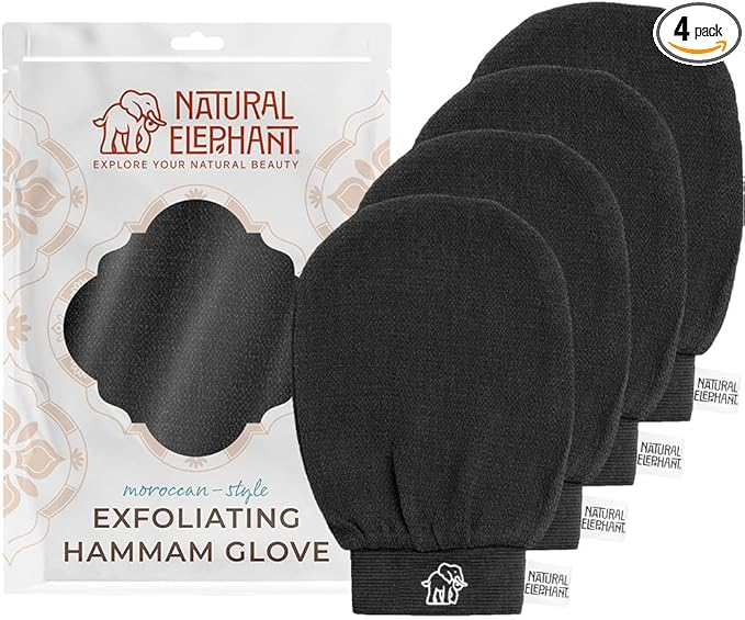 Natural Elephant Exfoliating Kessa Glove - Face and Body Exfoliator Hammam Mitt (Pure Black (Pack of 4))