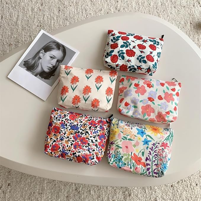 PAZIMIIK Floral Makeup Bag Large Cotton Zipper Pouch for Purse Travel Canvas Make Up Organizer for Women Cosmetic,Small Flower