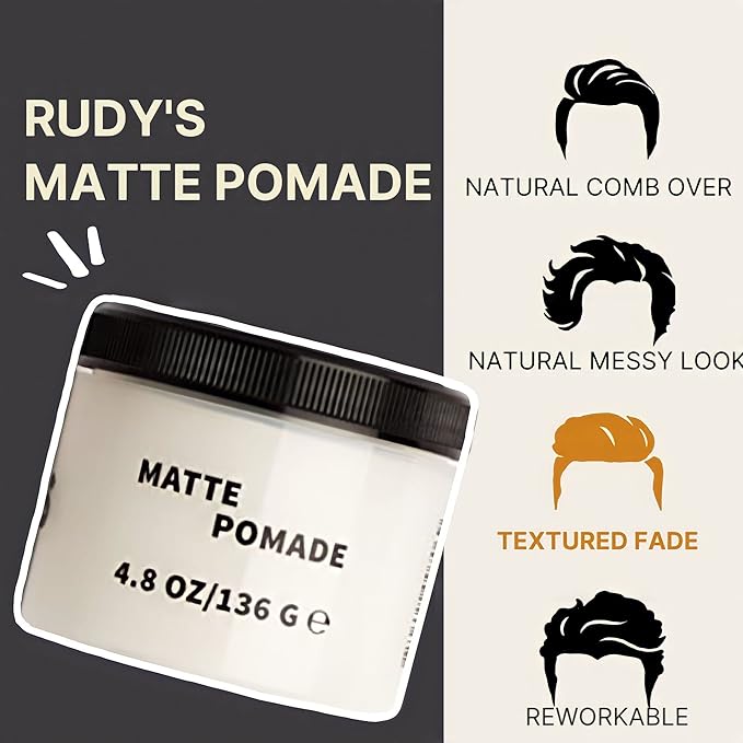 RUDY's Matte Pomade - Pliable Medium Hold - Natural Ingredients, Paraben Free - All Hair Types for Men & Women (4.8 oz)