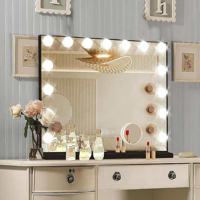 Black Hollywood Vanity Mirror with Lights, 15 Dimmable Bulbs, 3 Color Lights,Make Up Lighted Mirror, Aluminum Metal Frame, USB Charging Port（23" x 18"）