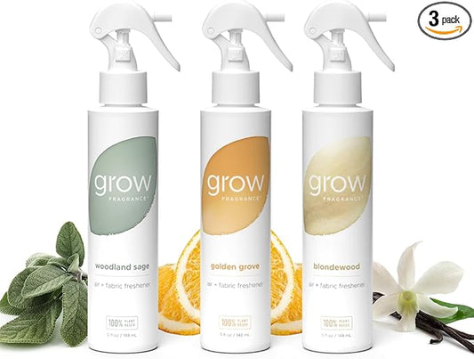 Grow Fragrance 100% Plant-Based Air Freshener Spray | Freshen Fabric & Rooms | Golden Grove, Woodland Sage, Blondewood Scents | Made with Natural Essential Oils - Variety 3 Pack, 5 oz each