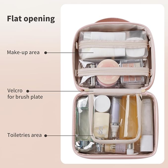 RIGHT AWAY Travel Toiletry Bag for Women, Waterproof Makeup Bag&Case, Portable Cosmetic Organizer Checkered Make up Bag for Full Sized Toiletries，Cosmetics and Travel-Size Accessories,Pink Checkered