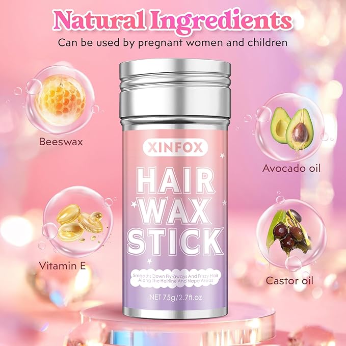 Hair Wax Stick, Slick Back Hair Brush, Wax Stick for Flyaways, Rat Tail Comb Edge Brush Styling Tool Set Accessories for Women Girls(Pink)