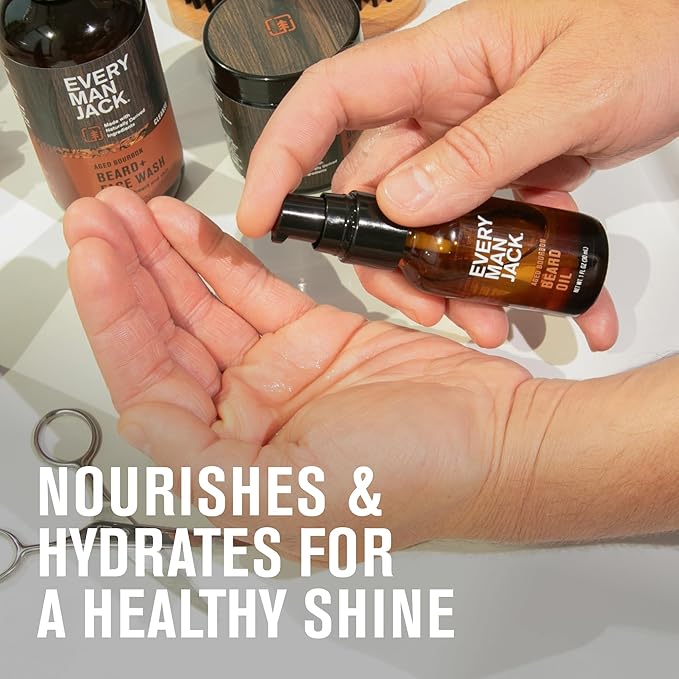 Every Man Jack Mens Beard Oil - Subtle Aged Bourbon Fragrance - Deeply Moisturizes and Softens Your Beard and Adds a Natural Shine - Naturally Derived with Shea Butter- 1 fl oz (2 Pack)