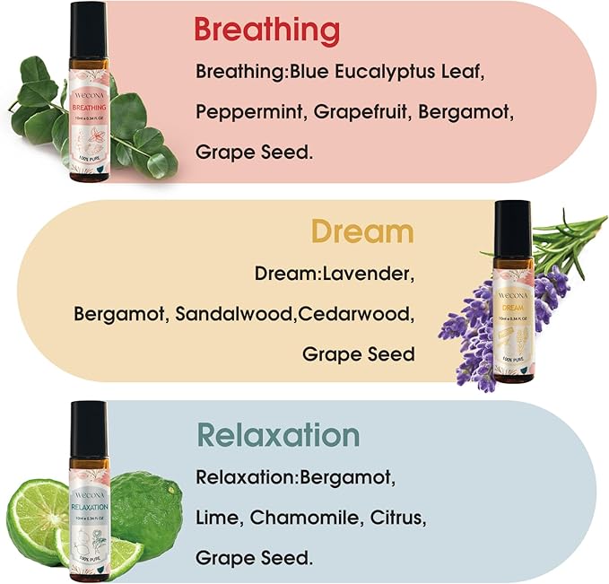 Aromatherapy Essential Oil Roll-On Set – 6x10ml Essential Oil Blends with Roller Bottles, Portable Essential Oils for Diffusers for Home,Relaxing Gift for Women & Men
