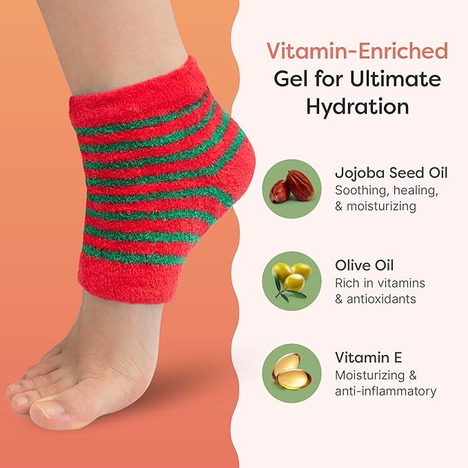 ZenToes Moisturizing Socks for Cracked Heel Treatment - Vitamin E, Olive Oil and Jojoba Oil Infused Heel Socks to Soften and Hydrate (Holiday Stripes, Regular)