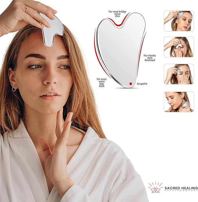 Sacred Healing Premium Stainless Steel Gua Sha Facial Tool – Enhance Beauty, Anti-Aging, Pain Relief, Lymphatic Drainage – Ideal for Home and Professional Use- Metal Gua Sha