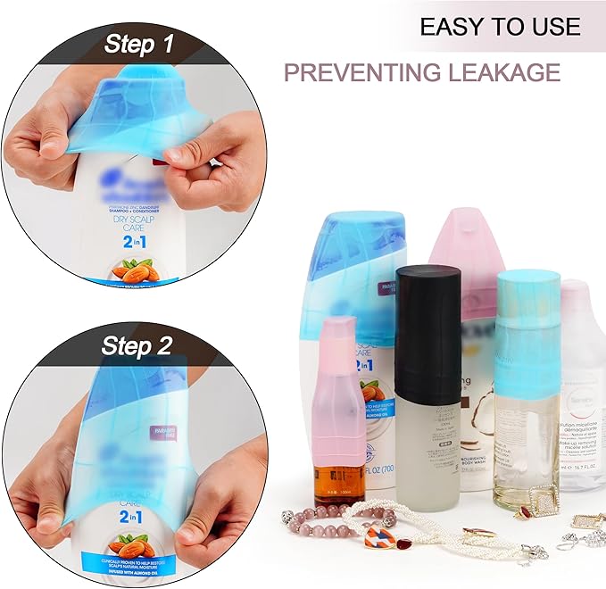 Travel Hanging Toiletry Bag for Women and Men, with 8 Leak Proofing Silicone Bottle Covers, Waterproof Makeup Accessories, Cosmetic Essentials, Cruise Ship Toiletries Bag with Jewelry Organizer, Pink