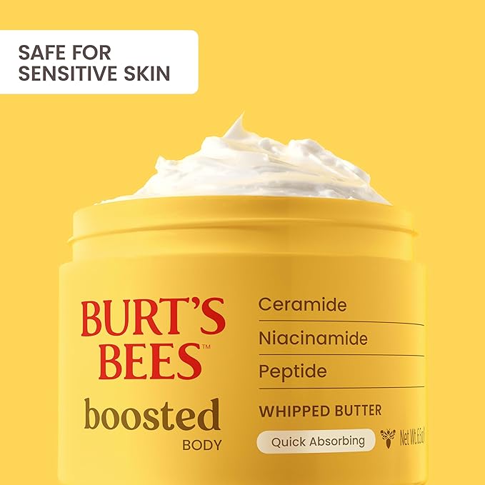 Burt's Bees Boosted Body Whipped Butter With a Ceramide, Niacinamide and Peptide Complex, Quick-Absorbing Body Butter Helps Support Skin Barrier, Tropical Scented, 6.5 oz. Jar