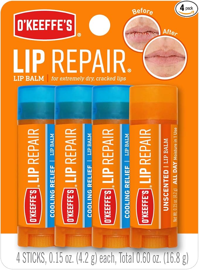 O'Keeffe's Lip Repair Lip Balm for Dry, Cracked Lips, Stick, (Pack of 4: 3 Cooling + 1 Unscented)