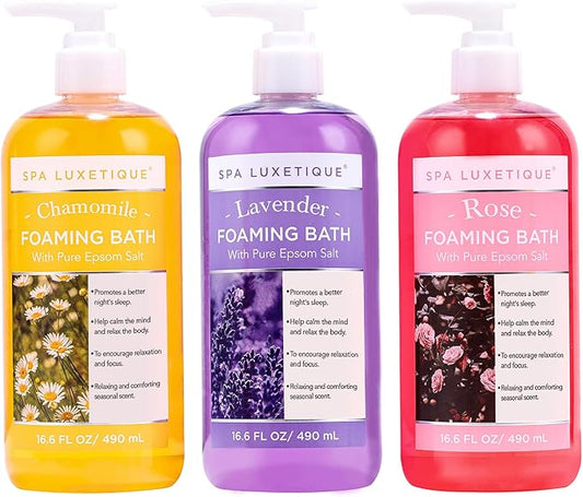 Spa Luxetique Bubble Bath, Foaming Bath with Epsom Salt, Chamomile Rose and Lavender Scent Bathing Set, 3 Pack 49.8 fl oz Christmas Gifts Set for Women and Men