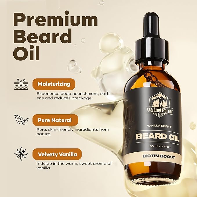 Waking Forest Beard Oil - Biotin Beard Oil for Men Thicker Beard with Vitamin E, Rosemary, Castor Mustache Oil for Black Men, Softens & Strengthens Beard Care Oil (Vanilla, 2oz)