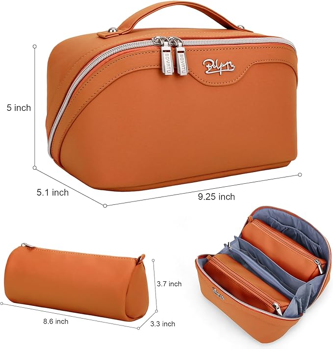 BOYATU Travel Makeup Bags Cosmetic Organizer Bag: 3-Set Large Capacity Make up Bag - PU Leather Toiletry Bags for Women - Wide Open Portable Pouch with Divider & Handle (09-Orange brown)
