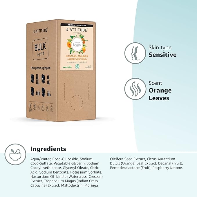 ATTITUDE Body Wash, EWG Verified Shower Gel, Dermatologically Tested, Plant and Mineral-Based, Vegan Personal Care Products, Orange Leaves, Bulk Refill, 67.6 Fl Oz
