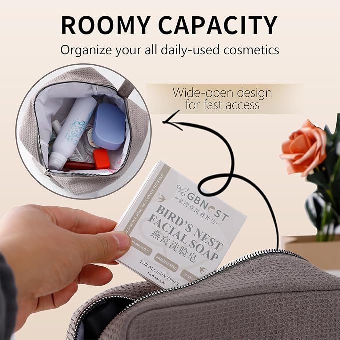 Personalized Embroidered Makeup Bag,Custom Waffle Fabric Cosmetic Pouch for Women, Travel Makeup Pouch (3, Gray)