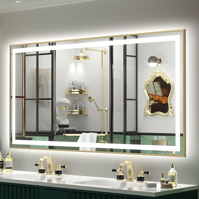 OKPAL 50x30 Gold LED Bathroom Mirror with Lights, Frontlit & Backlit Lighted Bathroom Mirror, LED Vanity Framed Mirror, Anti-Fog, Dimmable, 3 Colors, Shatterproof, ETL Listed