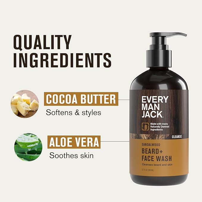 Every Man Jack Sandalwood Beard Wash - Cleanse, Soften, and Hydrate for a Healthier Beard - Made w/Naturally Derived Ingredients like Aloe Vera and Coconut - 6.7 oz - 2 Pack
