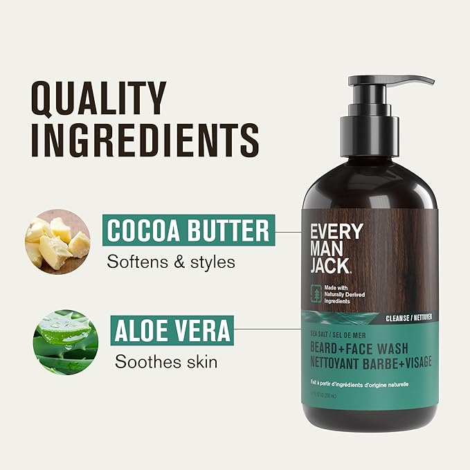 Every Man Jack Beard + Face Wash - Subtle Sea Salt Fragrance - Deep Cleans, Conditions, and Softens Your Beard and Skin Underneath - Naturally Derived with Coconut Oil, Glycerin, and Coconut - 6.7-fl oz (2 Pack)