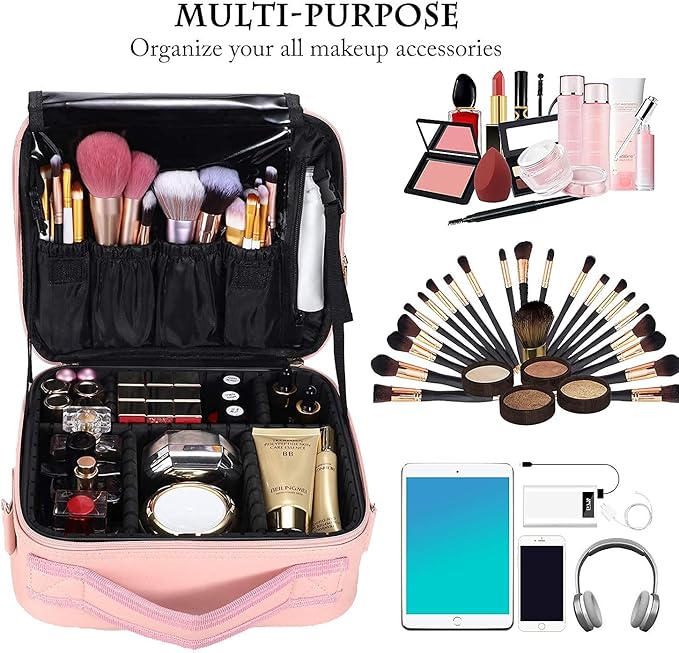 JOURMON Travel Makeup Bag Portable Cosmetic Train Case Organizer Artist Storage Bag with Adjustable Dividers for Cosmetics Makeup Brushes Toiletry Jewelry Digital Accessories(Cute Pink,S)