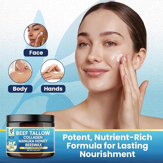 Organic Beef Tallow for Skin, Organic Grass-Fed Beef Tallow Balm with Manuka Honey, Aloe Vera, Jojoba Oil, Collagen & Beeswax, Olive Oil, Moisturizer for Dry Skin, Nourishes Face, Body & Lips (5oz)