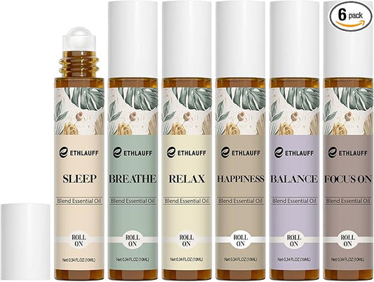 Essential Oils Roll On Set 6 Pack - (Relax, Sleep, Balance,Breathe, Focus on, Happiness) Aromatherapy Oil with Roller Ball, Essential Oils Blends for Skin - Relaxation Gift for Women and Men