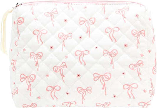 Quilted Makeup Bag Large Travel Zipper Soft Cosmetic Pouch for Women Girls Make Up,Bow Pink