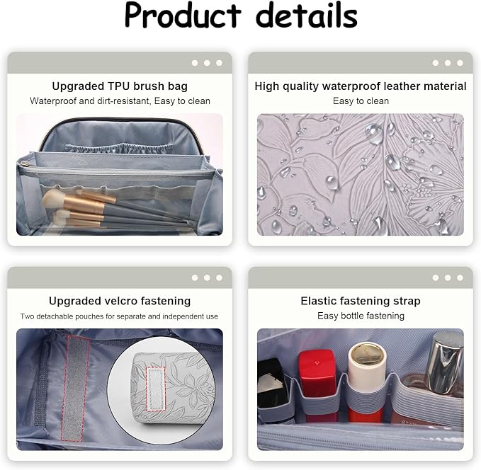 BOYATU Travel Makeup Bags Cosmetic Organizer Bag: 3-Set Large Capacity Make up Bag - PU Leather Toiletry Bags for Women - Wide Open Portable Pouch with Divider & Handle (03-Light Gray)