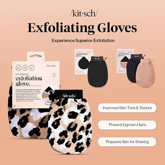 Kitsch Exfoliating Glove – Korean Exfoliating Mitt & Deep Exfoliating Body Scrubber for Shower, Bath | Body Exfoliator, Dead Skin Remover | Skin Care for Smooth, Renewed Skin - 1pc, Leopard