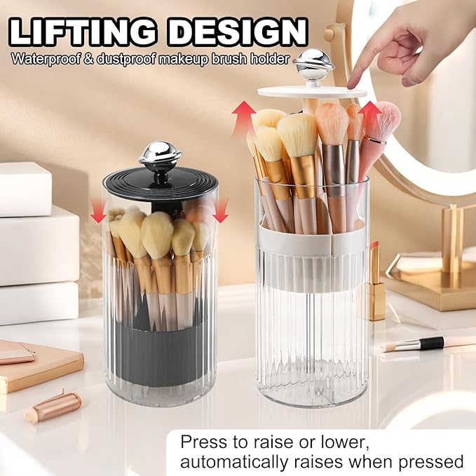 DASITON Makeup Brush Holder with Lid, Automatic Lifting Makeup Organizer for Vanity, 4 Slots Clear Makeup Brush Organizer, Dustproof Cosmetic Brushes Storage for Bathroom, Desktop, Office (Cream)