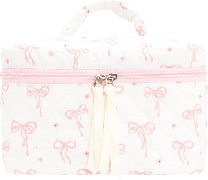 Quilted Makeup Bag Large Travel Zipper Soft Cosmetic Case for Women Girls Make Up,Bow Pink
