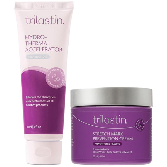 TriLASTIN Maternity Stretch Mark Prevention Cream (4oz) Bundle with Hydro-Thermal Accelerator (3oz) | Pregnancy Must-Have | Safe and Hypoallergenic Gift for First-time Moms | 1 Month Supply