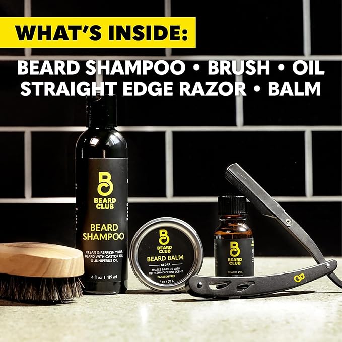 The Beard Club Beard Care Kit & Mens Grooming Kit - Essentials for a Healthier Looking, Stylish Facial Hair - Straight Edge Razor, Shampoo, Cedar Balm & Oil, and Boar Bristle Brush