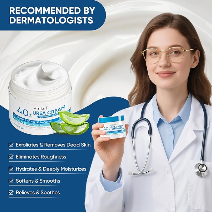 Urea Cream 40% Plus Salicylic Acid 2%, Urea Cream 40 Percent for Feet Maximum Strength, Foot Cream for Dry Heels Cracked (2 PCS)