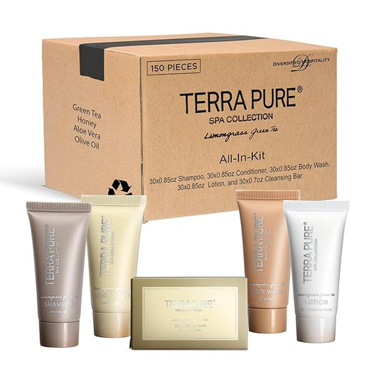 Terra Pure Spa Collection Bulk Set Toiletries | 1-Shoppe All-In-Kit Amenities for Hotels & Airbnb | 0.85 oz Hotel Shampoo & Conditioner, Body Wash, Lotion & Cleansing Bar Travel Size Tubes| 150 Pieces