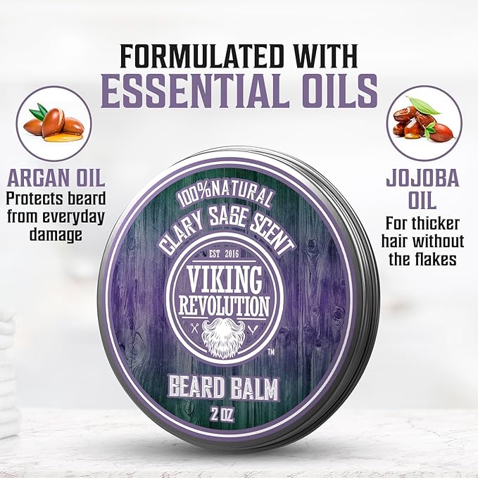 Viking Revolution Clary Sage Beard Balm - Beard Butter with Argan Oil, Beard Softener for Men with Jojoba Oil - Beard Moisturizer for Men with Beeswax - Beard Wax for Men (2oz, 1 Pack)