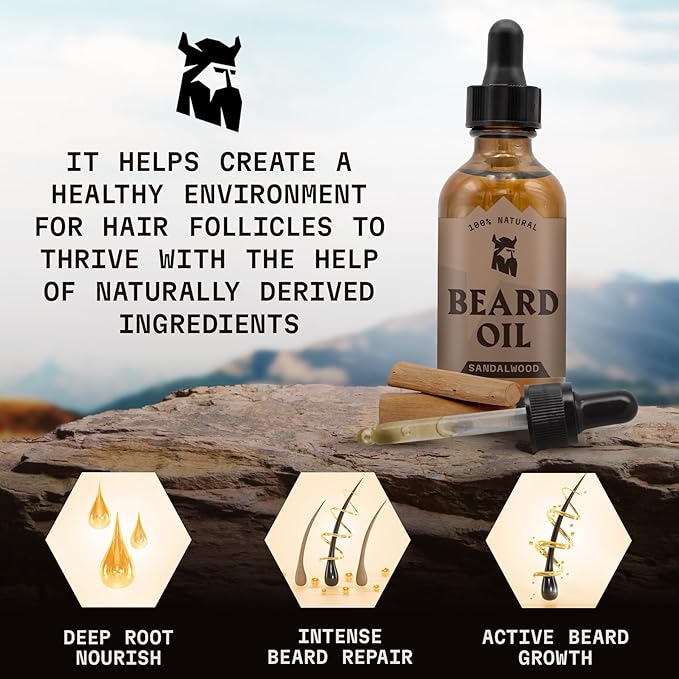 Striking Viking Sandalwood Beard Oil for Men - 2 Fl Oz, Sandalwood Scent - Natural Hydrating & Softening Beard Care with Argan, Jojoba, Almond & Tea Tree - Non-Greasy, Fast-Absorbing Formula