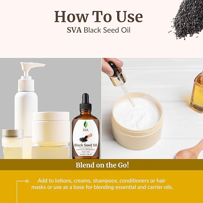 SVA Black Seed Oil - 4 Fl Oz – 100% Natural Cold Pressed Black Seed Oil - for Face, Skin Care, Hair Care, Scalp Massage & Body Massage – Carrier Oil with Dropper