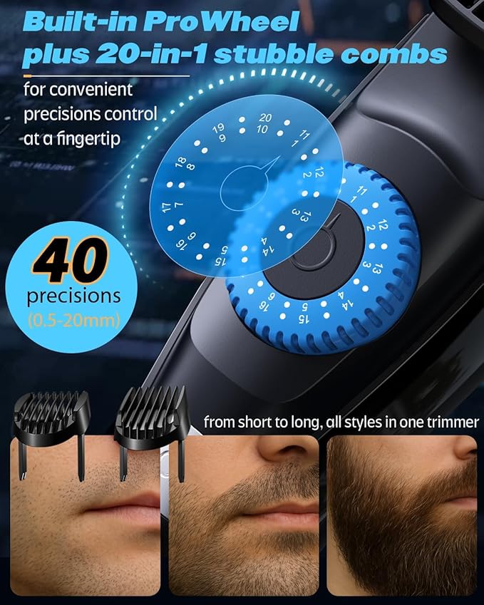 40 Precisions Electric Beard Trimmer for Men, Mens Grooming Trimmer for Beard, Mustache, Face and Ear Hair, Multi-Series Clipper, Waterproof, USB C Charging, Soft Pouch (Blue + Black)