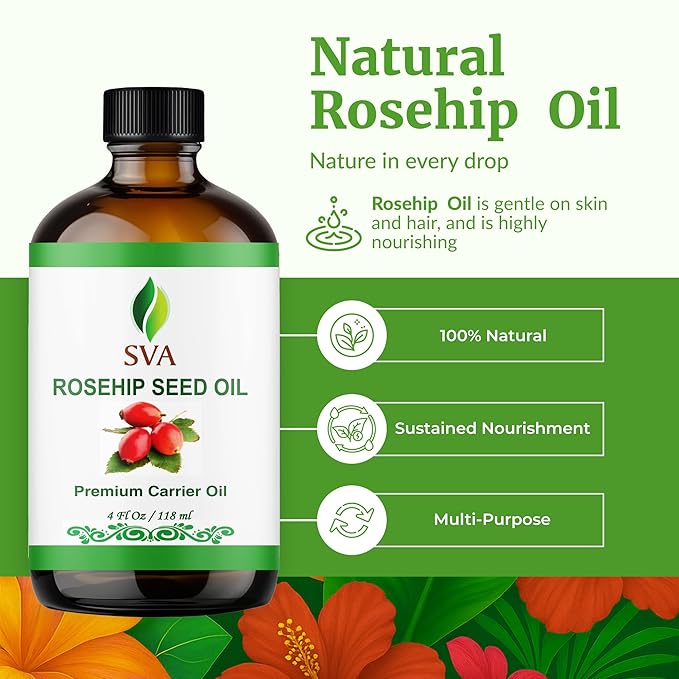 SVA Rosehip Seed Oil - 4 Fl Oz – 100% Natural & Cold Pressed - for Face, Skin Care, Hair Care, Scalp Massage & Body Massage – Carrier Oil with Dropper