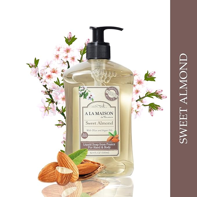 A LA MAISON de Provence Sweet Almond Liquid Hand and Body Soap (Pack of 2) With Coconut Oil, Argan Oil and Vitamin E, 16.9 fl oz Each