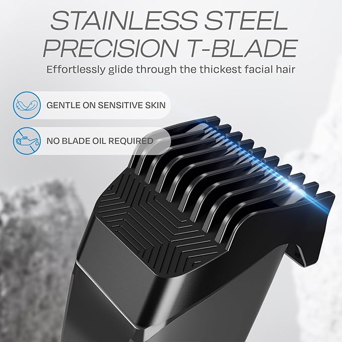 HUMMINGBIRD MK14 BeardMaster – Premium Beard Trimmer for Men, Precision Dial, Adjustable 20 Length Settings, Stainless Steel T-Blade, Cordless USB-C Rechargeable, Waterproof, LED Display, Travel Case