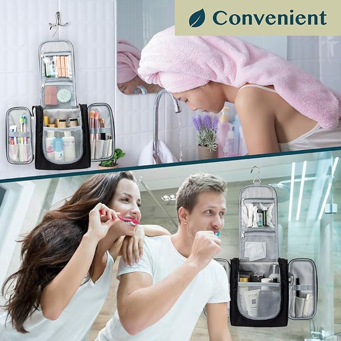 PAVILIA Toiletry Bag Travel Bag for Women Men, Hanging Cosmetic Organizer, Water Resistant Makeup Bag for Accessories Toiletries, Large Travel Essentials Kit (Black)