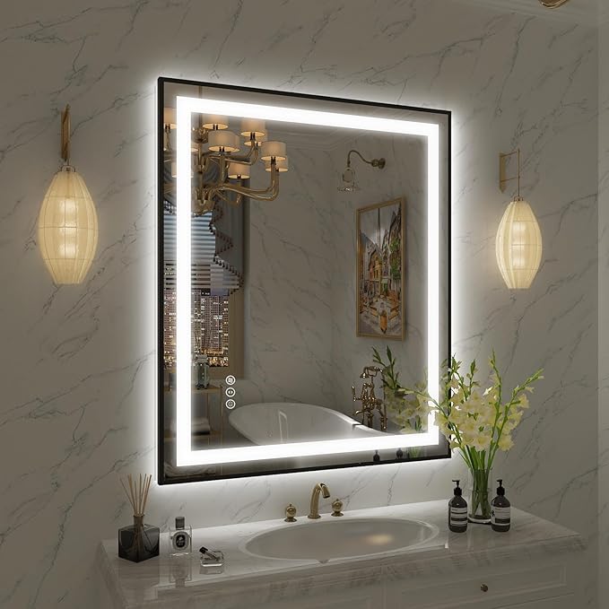 OKPAL 30x36 Framed LED Bathroom Mirror, Black Lighted Mirrors for Bathroom Wall, Front and Backlit LED Vanity Mirror, Dimmable, Anti-Fog, Memory, Shatterproof, Horizontal/Vertical