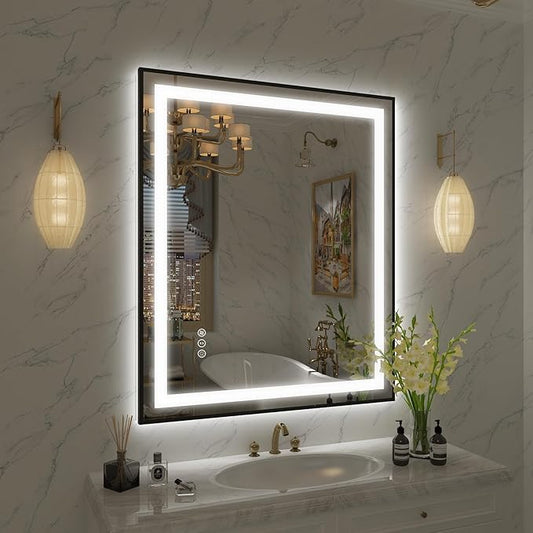 OKPAL 30x36 Framed LED Bathroom Mirror, Black Lighted Mirrors for Bathroom Wall, Front and Backlit LED Vanity Mirror, Dimmable, Anti-Fog, Memory, Shatterproof, Horizontal/Vertical